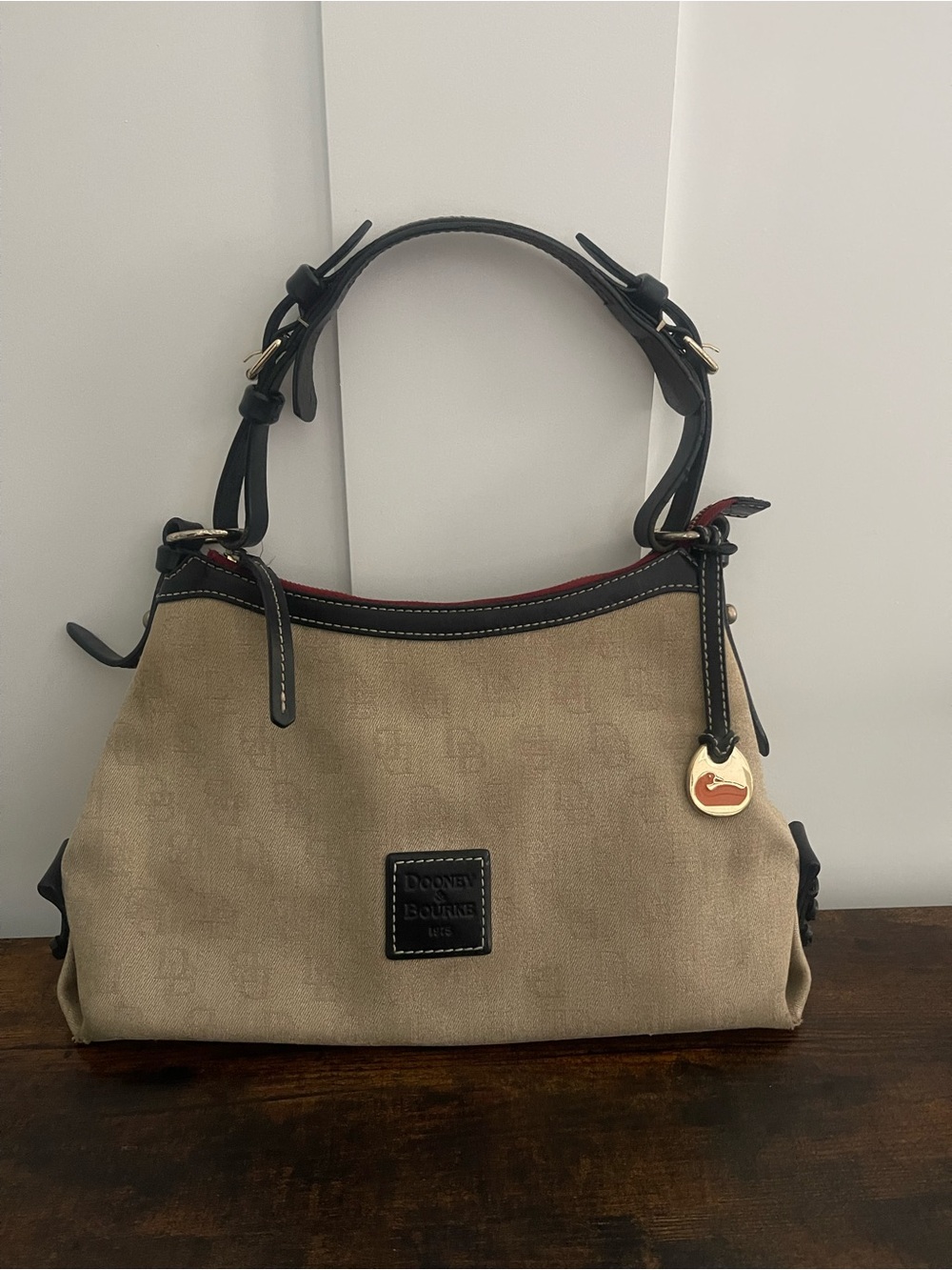 Dooney & Bourke Beige Canvas Shoulder Bag with Black Trim